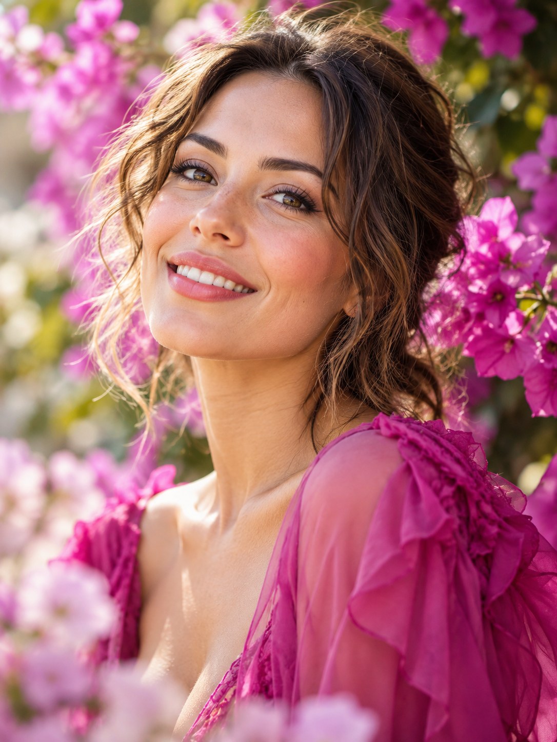 A bright editorial portrait with orchid flowers and pink tones