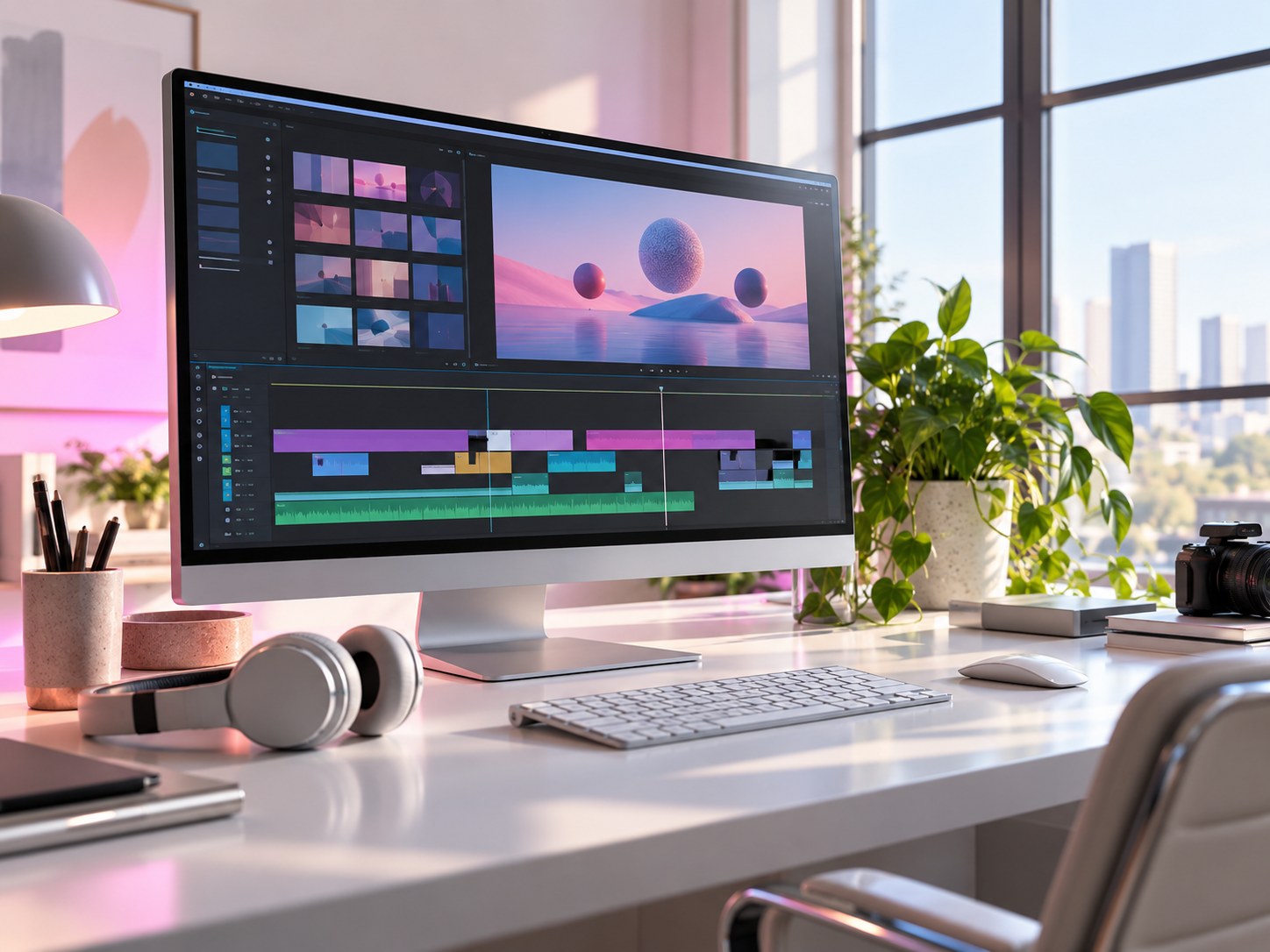 A creative video production and editing workspace